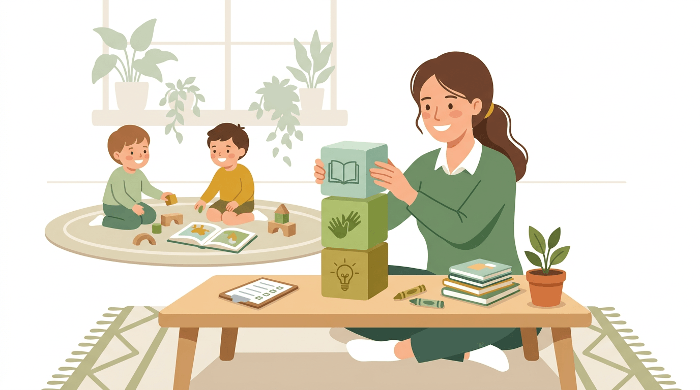 Teacher stacks blocks with icons representing building, delivering, and teaching curriculum in a bright preschool classroom.