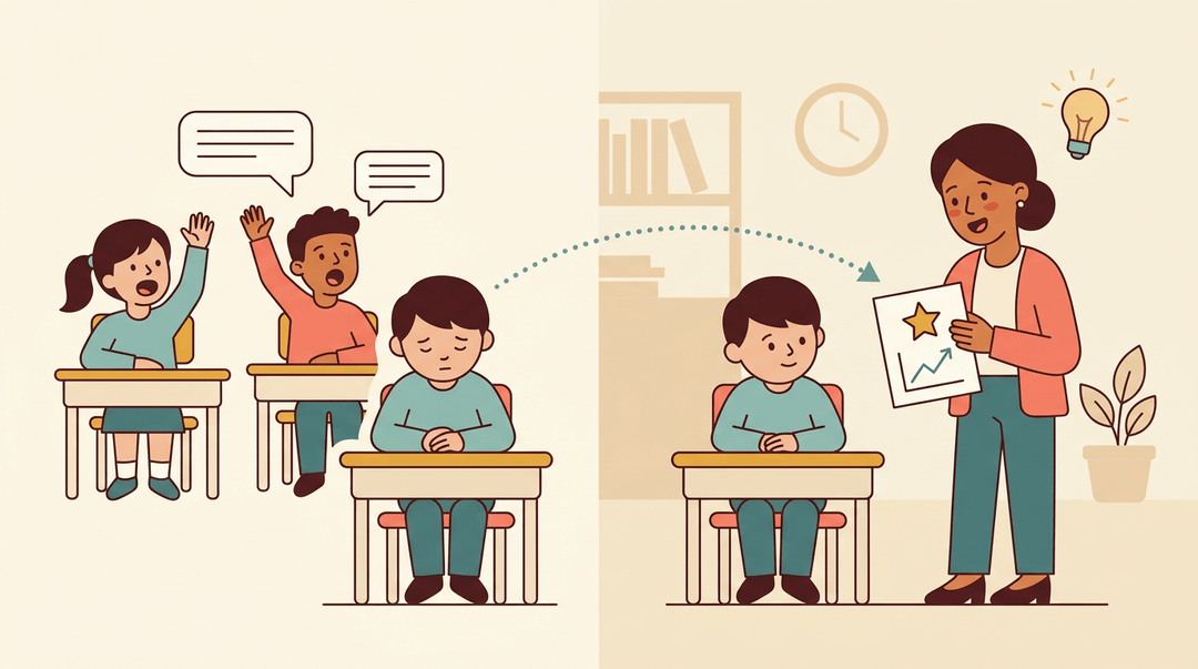A teacher discovers a quiet student's hidden strength using a baseline assessment, illustrated in a warm, flat vector style.