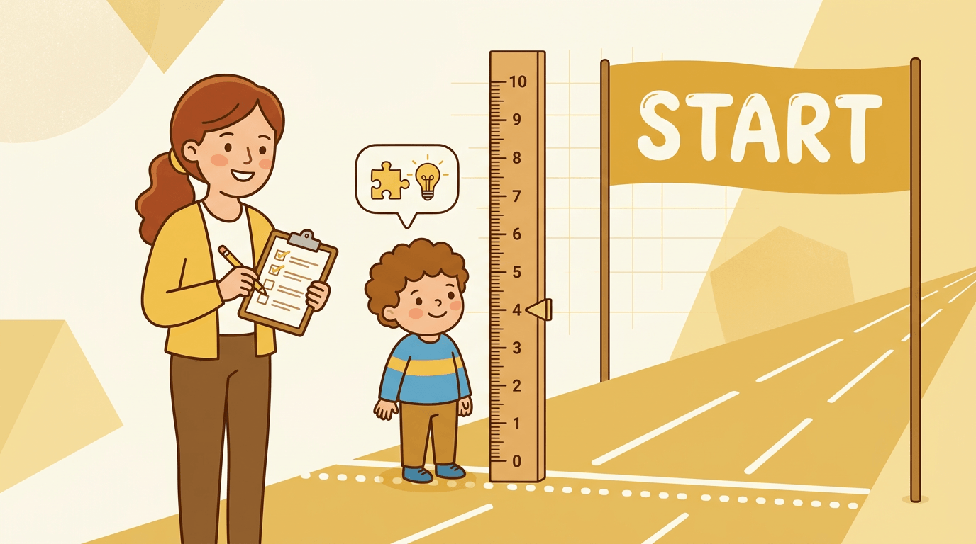 A teacher with a clipboard stands beside a student at a starting line marked by a ruler, symbolizing assessment before learning begins.