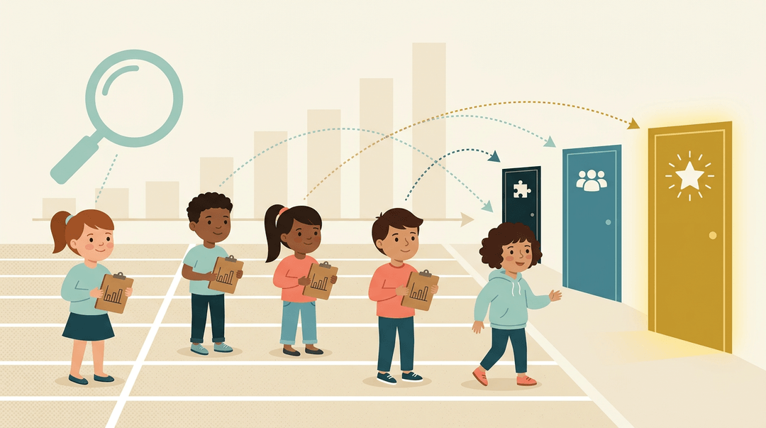 Five diverse students at a classroom start line hold clipboards while dotted paths lead to different learning doors, symbolizing differentiated instruction.