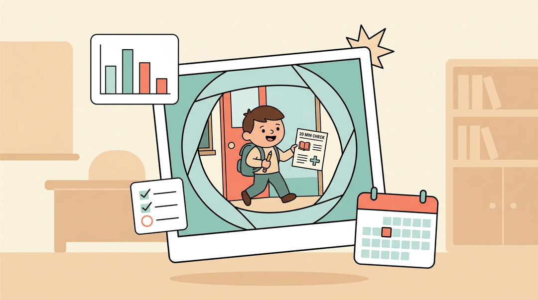 A camera frame captures a student holding a worksheet labeled 20 MIN CHECK, surrounded by dashboard icons like charts and a calendar.