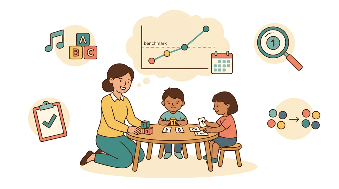 Teacher kneels with three students using number blocks, surrounded by icons representing progress and flexible grouping.