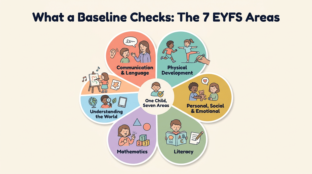 Flower wheel chart showing the 7 EYFS areas of learning with scenes for each category on a cream background.