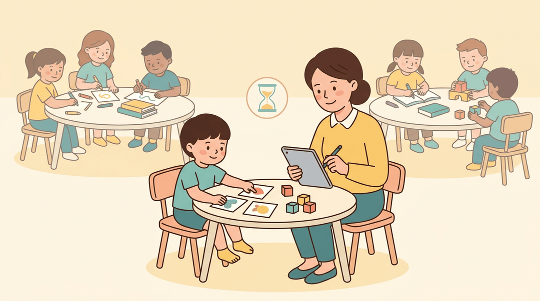Teacher works one-on-one with a child using cards and blocks while others play independently in the background.
