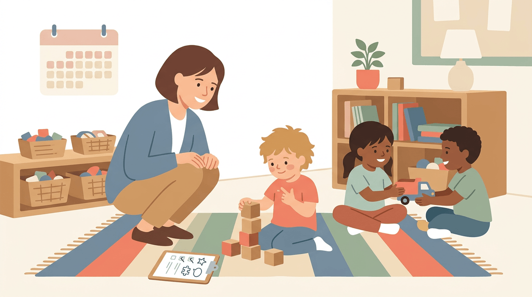 A teacher observes children playing with blocks and a truck in a cozy reception classroom, using informal notes instead of tests.