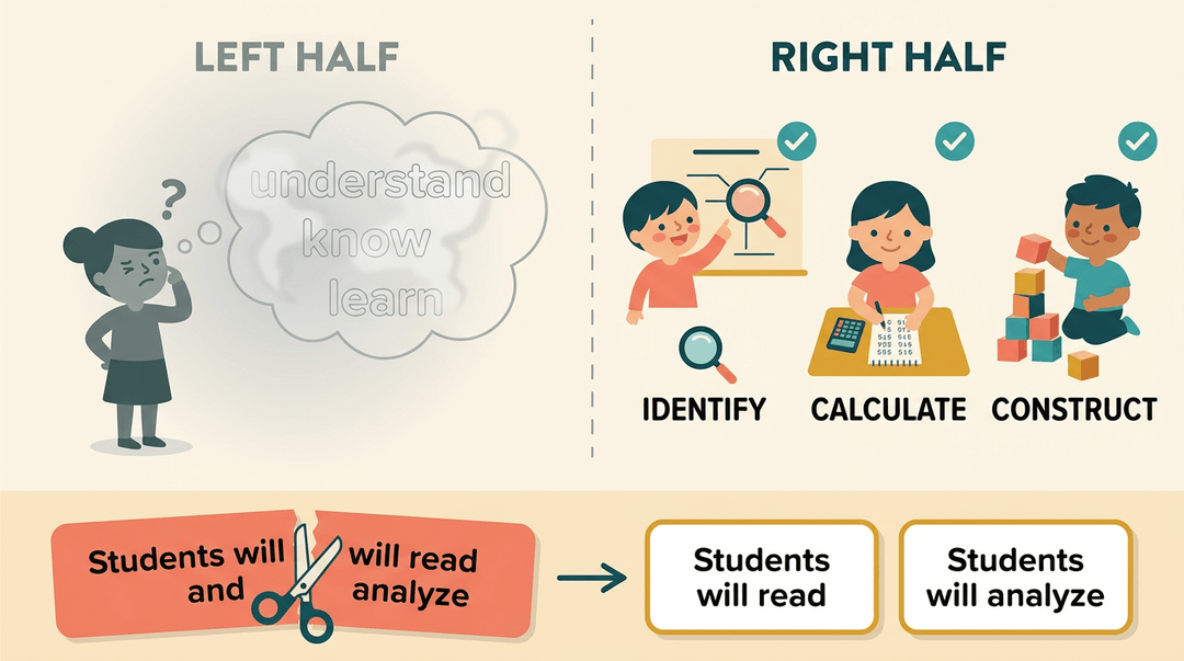 Visual comparison of vague learning goals versus concrete, measurable action verbs like identify, calculate, and construct.