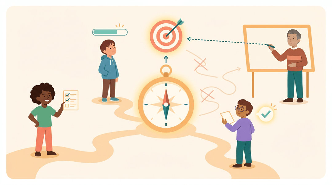 A glowing compass points to a target while diverse students follow paths and a teacher draws a clear route, symbolizing shared learning goals.