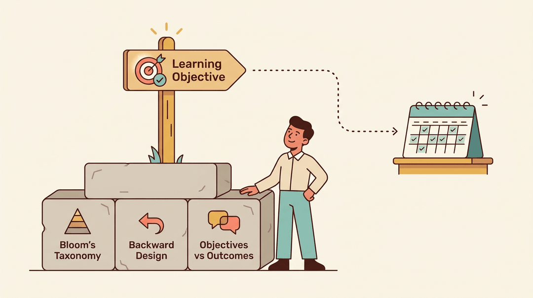 Teacher stands by a foundation of Bloom's Taxonomy, Backward Design, and Objectives, pointing to a Learning Objective signpost leading to a weekly planner.