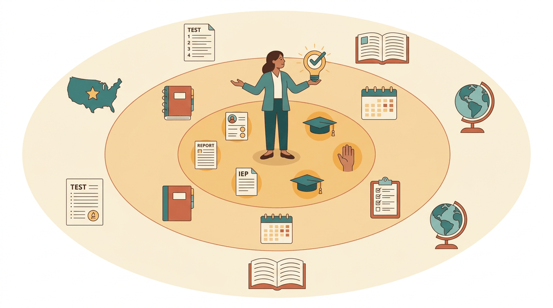 A teacher at the center of three concentric circles holds a glowing icon, balancing icons of students, school duties, and societal expectations.