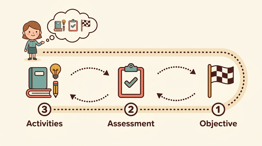 Backward design diagram showing planning from objective to assessment to activities.