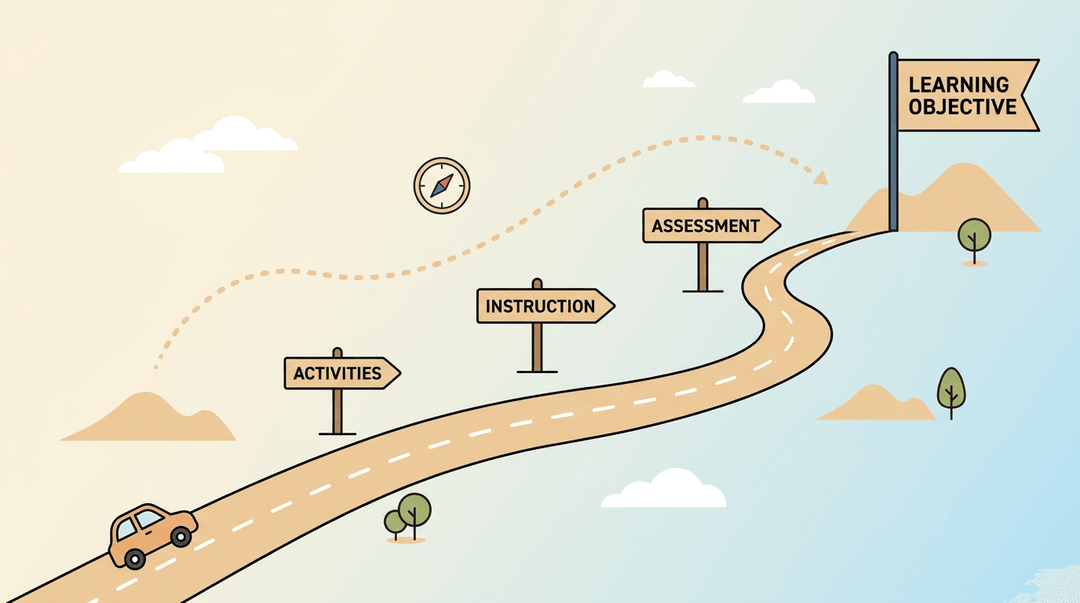 A winding road leads from a car to a flag labeled 'Learning Objective', with signposts for activities, instruction, and assessment along the path.