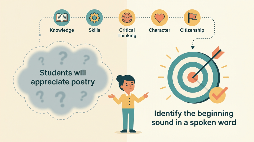 A teacher contrasts a vague student goal with a precise, measurable learning target.
