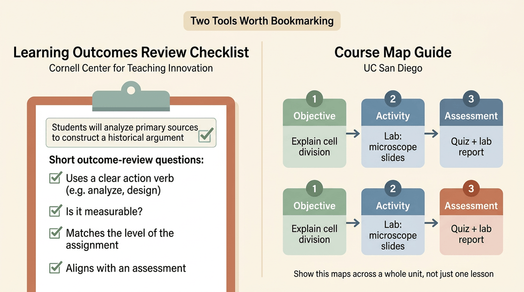 Split screen shows a checklist for reviewing learning outcomes and a flow diagram mapping objectives to activities and assessments.