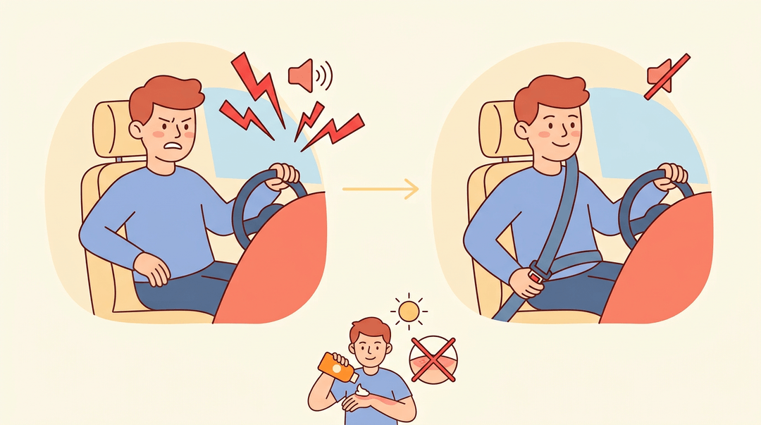Split panel showing a driver buckling up to stop loud beeps, alongside a person applying sunscreen to prevent sunburn.
