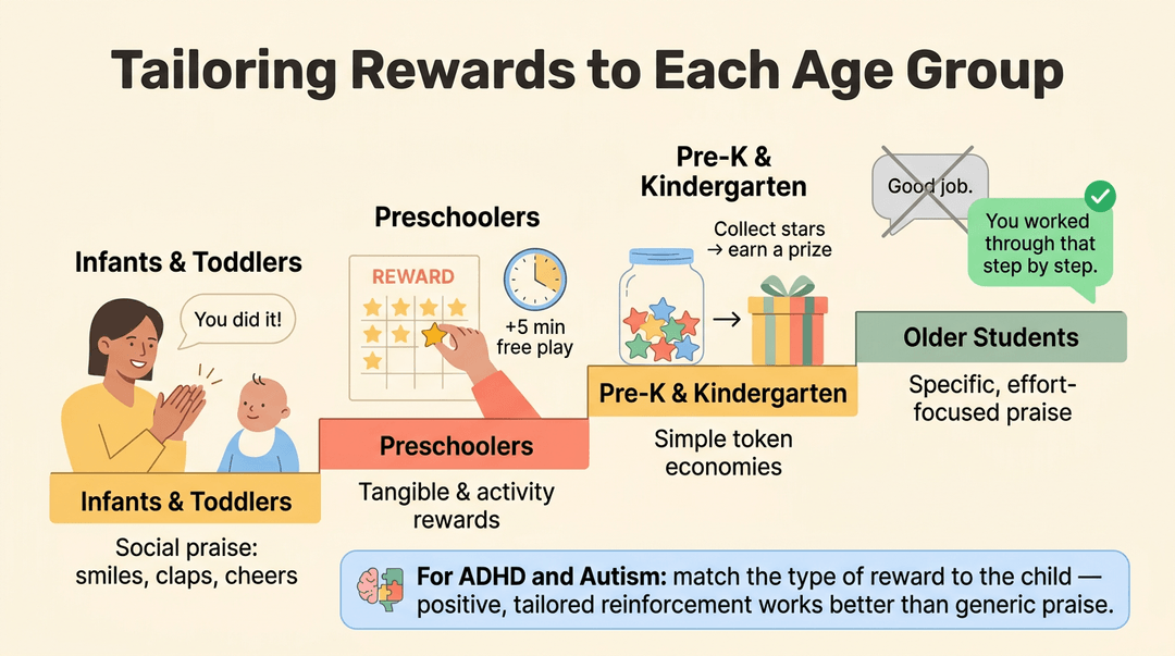 A staircase graphic shows age-appropriate rewards for children, from social praise for infants to specific effort-focused praise for older students.