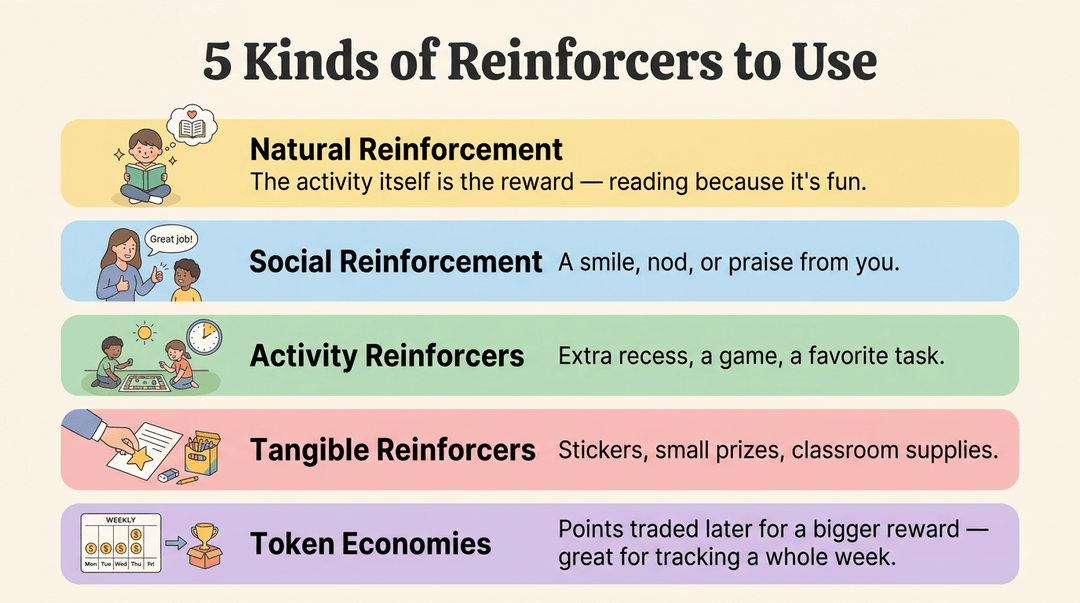 Infographic showing 5 types of classroom reinforcement: natural, social, activity, tangible, and token economies.