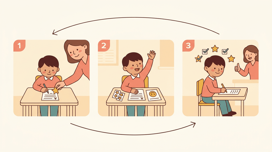 A three-panel illustration shows a student progressing from teacher praise to independent work, illustrating a cycle of positive reinforcement.
