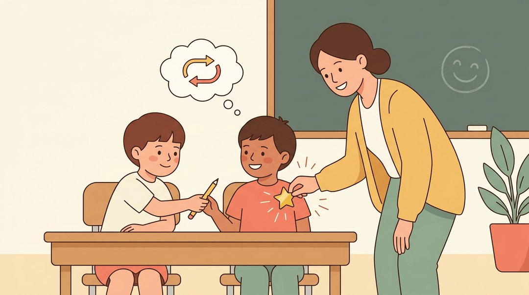 A teacher rewards a student with a gold star sticker for sharing a pencil, reinforcing positive behavior in a warm classroom.