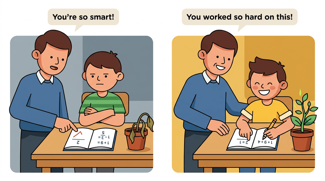Comparison of praise types: fixed mindset feedback vs growth mindset feedback showing student reactions and plant symbolism.