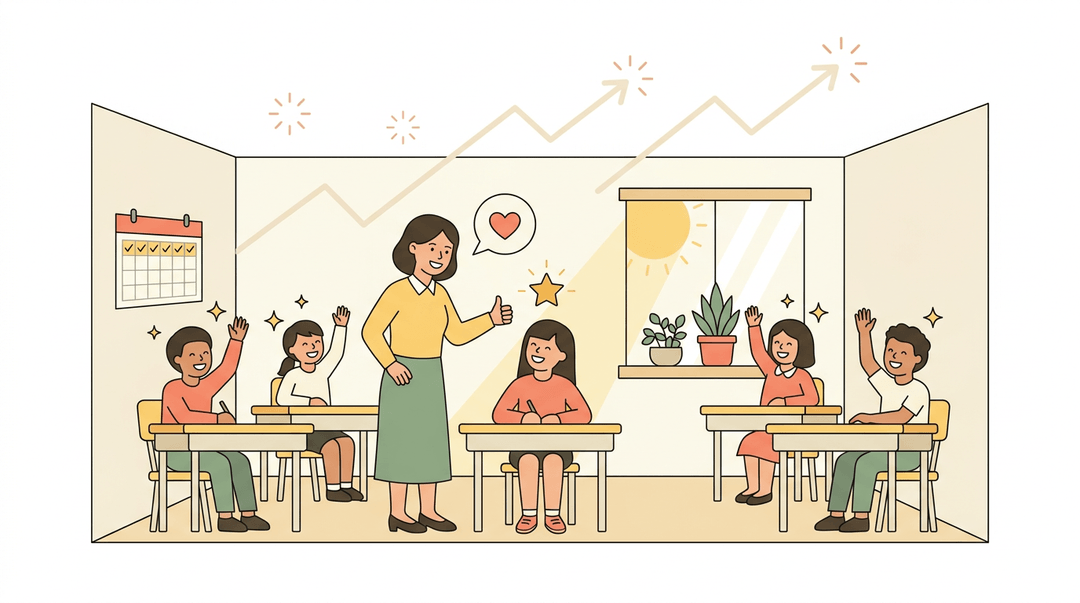 A cheerful teacher gives a thumbs-up to a student in a bright, engaging classroom filled with happy students and positive symbols.