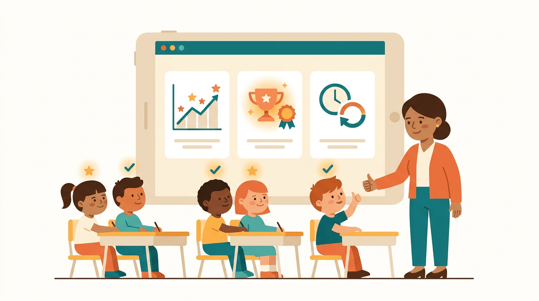 A teacher gestures to a student while a dashboard displays behavior tracking, rewards, and routines above calm students.