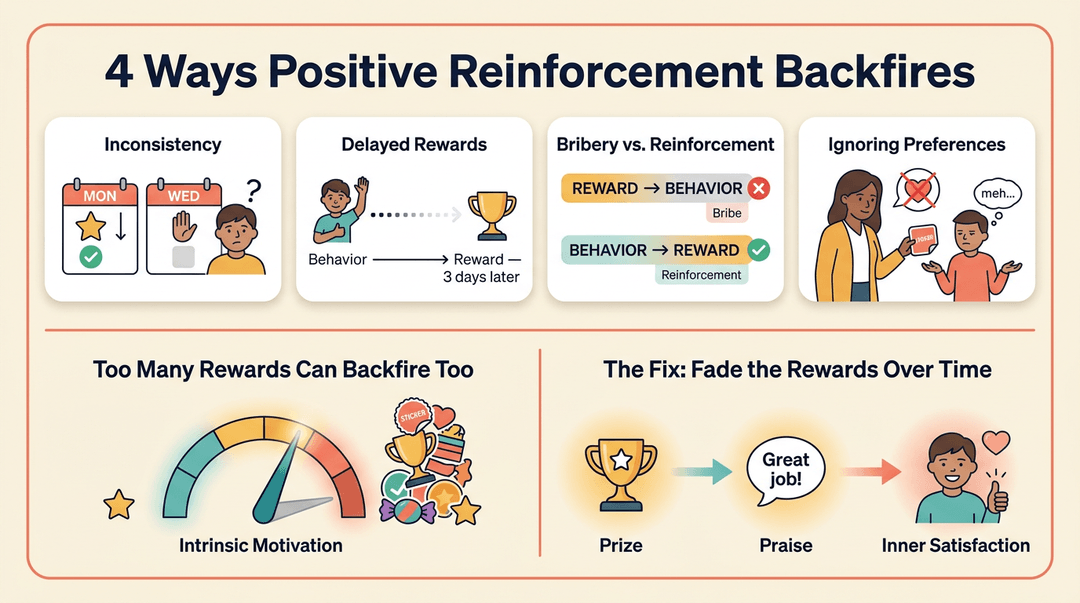 Infographic showing how positive reinforcement backfires and how to fade rewards for intrinsic motivation.