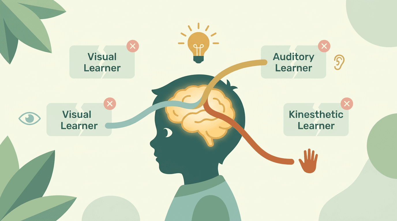 A child's head with a glowing brain receiving input from visual, auditory, and kinesthetic icons, while labels for single-style learning fade in the background.
