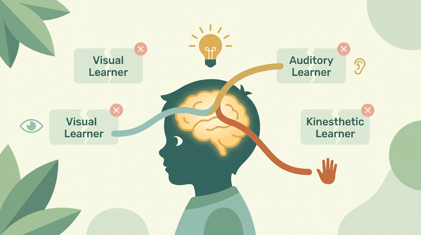 A child's head with a glowing brain receiving input from visual, auditory, and kinesthetic icons, while labels for single-style learning fade in the background.