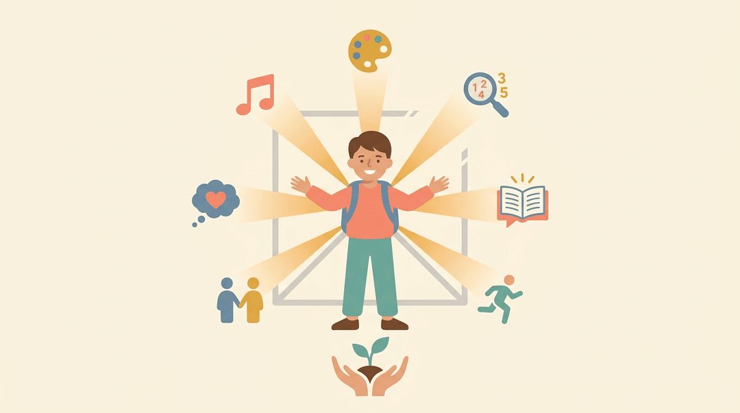 A student radiates seven strengths like a flower, with a crossed-out box behind and a sprout below, symbolizing growth over fixed labels.