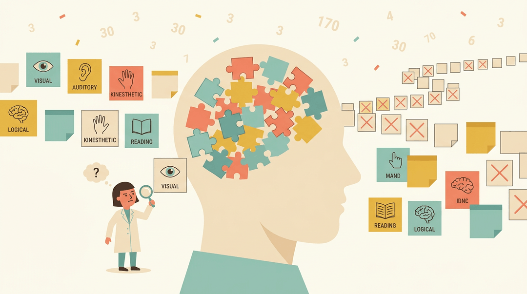 A head filled with mismatched puzzle pieces surrounded by disorganized learning style boxes and a skeptical scientist, illustrating the myth of rigid learning categories.