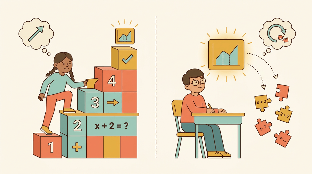 Split-screen shows students using step-by-step blocks versus big-picture puzzles to solve a math problem.