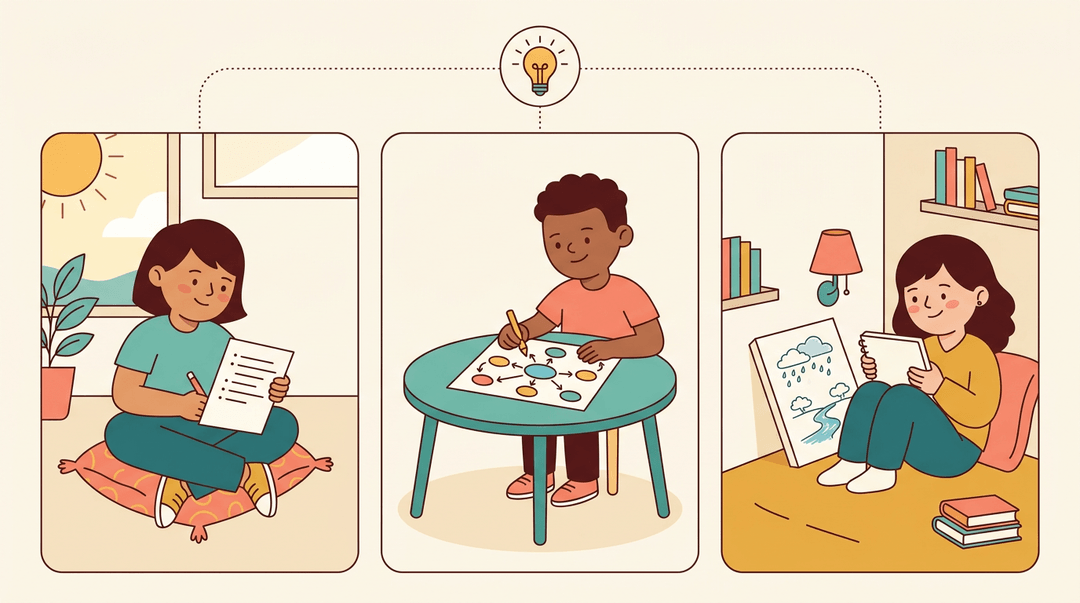 Three students study the water cycle differently: outlining, mind mapping, and sketching, united by a lightbulb icon.