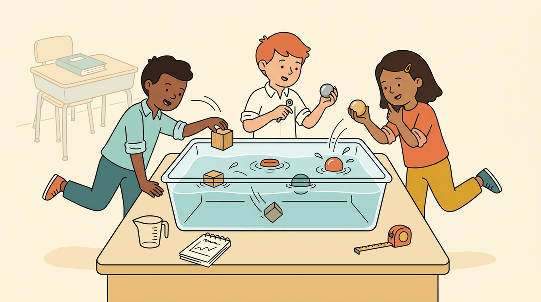 Three diverse students conduct a hands-on water experiment, testing which objects sink or float at a science table.