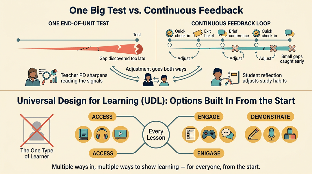 Comparison of one-time testing with continuous feedback and UDL options for access, engagement, and demonstration.
