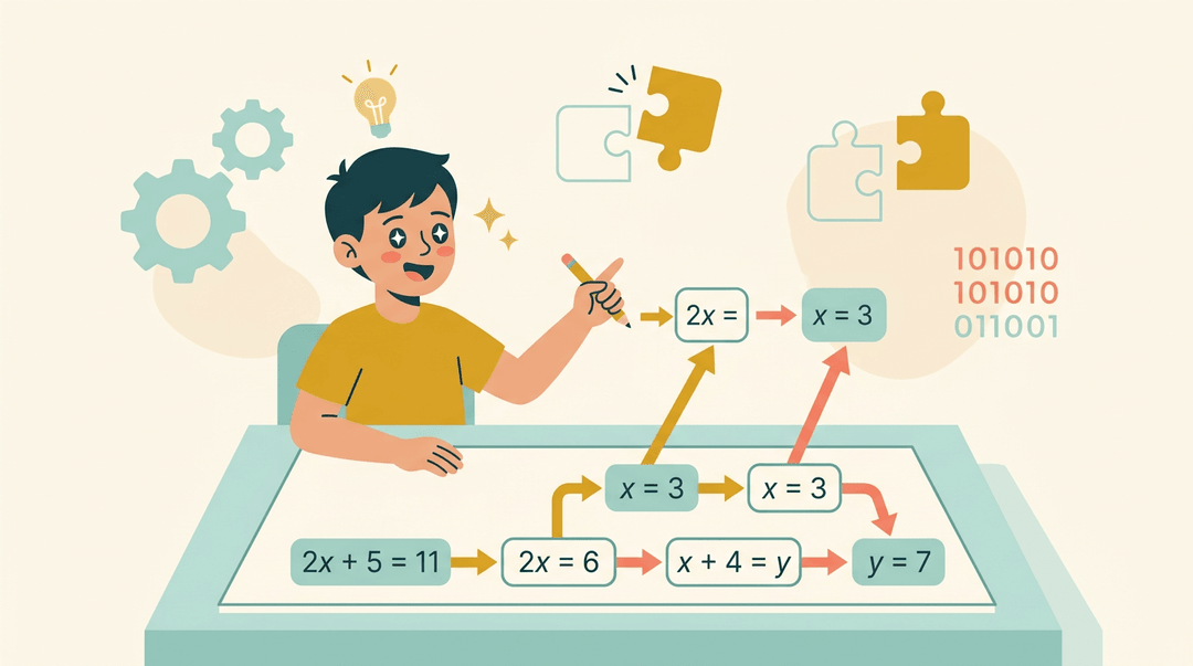 A student excitedly points to a math flowchart, seeing connections between formulas with gears and puzzles in the background.