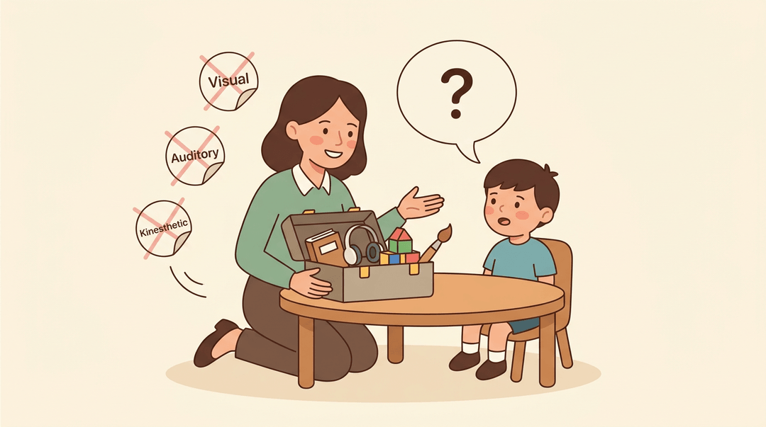 Teacher offers a toolbox of varied resources to a student, discarding fixed learning style labels to support individual needs.