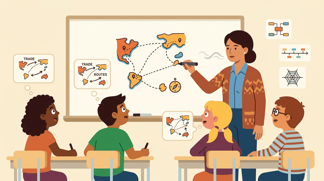 Diverse middle school students engage with a teacher’s colorful map on a whiteboard, visualizing trade routes and learning concepts through sight.