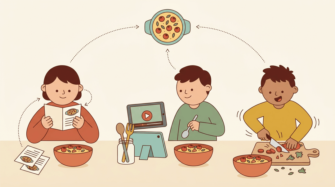 Three cooks use different methods to prepare the same dish, showing that various approaches lead to the same successful outcome.
