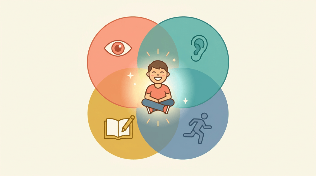 A student sits at the center of four overlapping colored circles, each showing a different learning style icon.