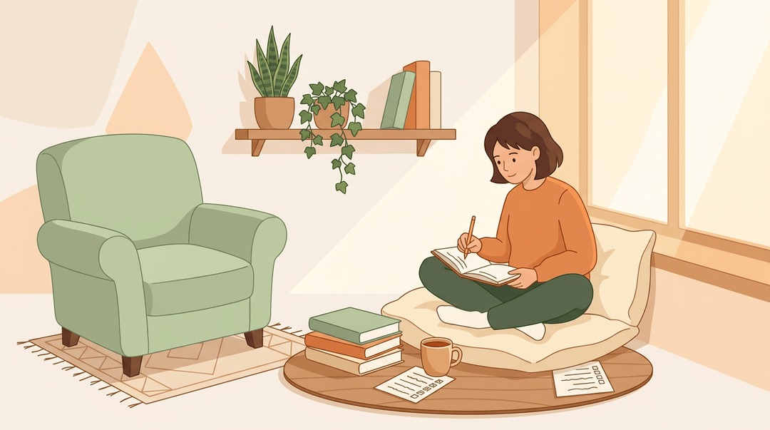 Student sits cross-legged in a sunlit nook, writing in a journal with books and tea nearby.