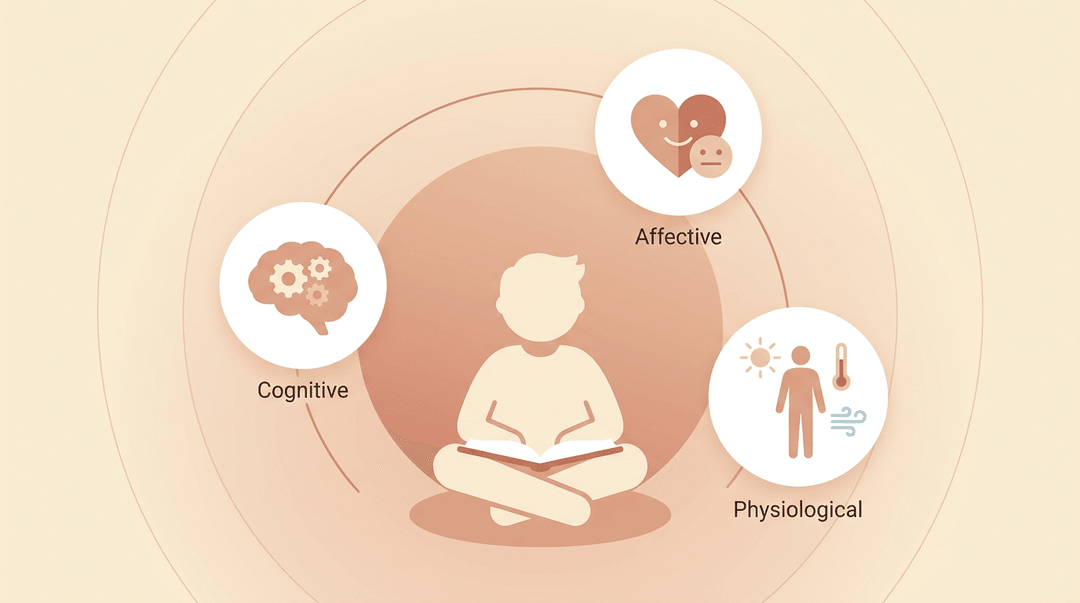 Student surrounded by icons for cognitive, affective, and physiological learning domains.