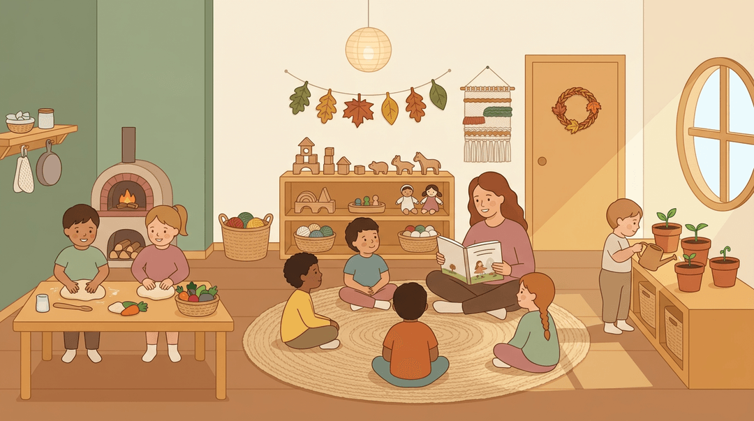 Cozy classroom with activity zones: baking, circle time, and gardening. Soft colors, natural materials, no screens, nurturing early childhood space.