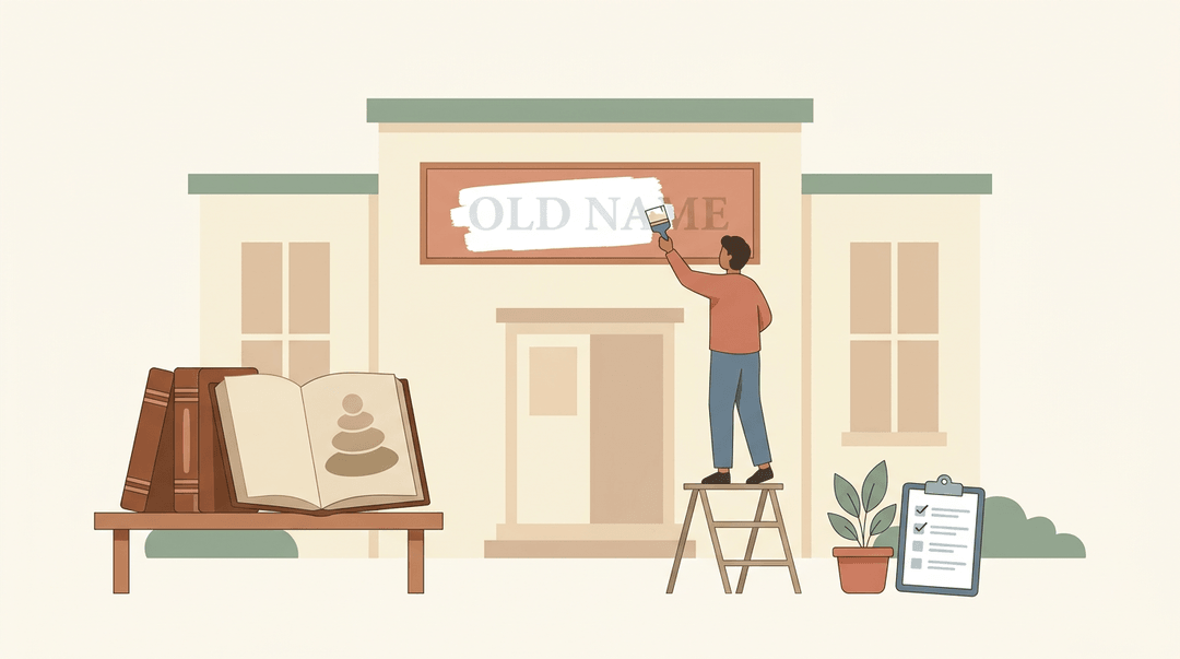 A person repaints a school sign while old letters linger beneath, beside books and a clipboard.