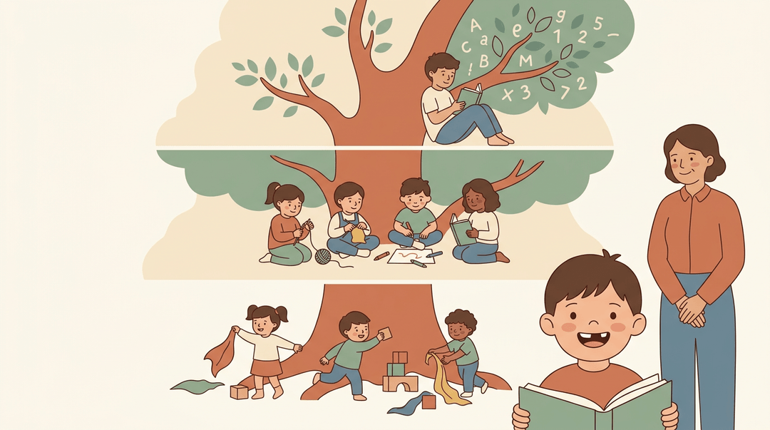 A teacher watches three stages of child growth in a tree: active play, creative work, and quiet reading.