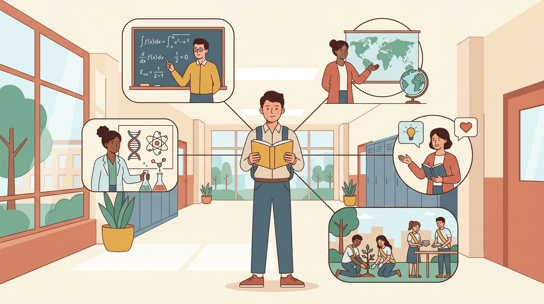 A student holds a book while connected to five vignettes of diverse subjects like science, history, and community service.