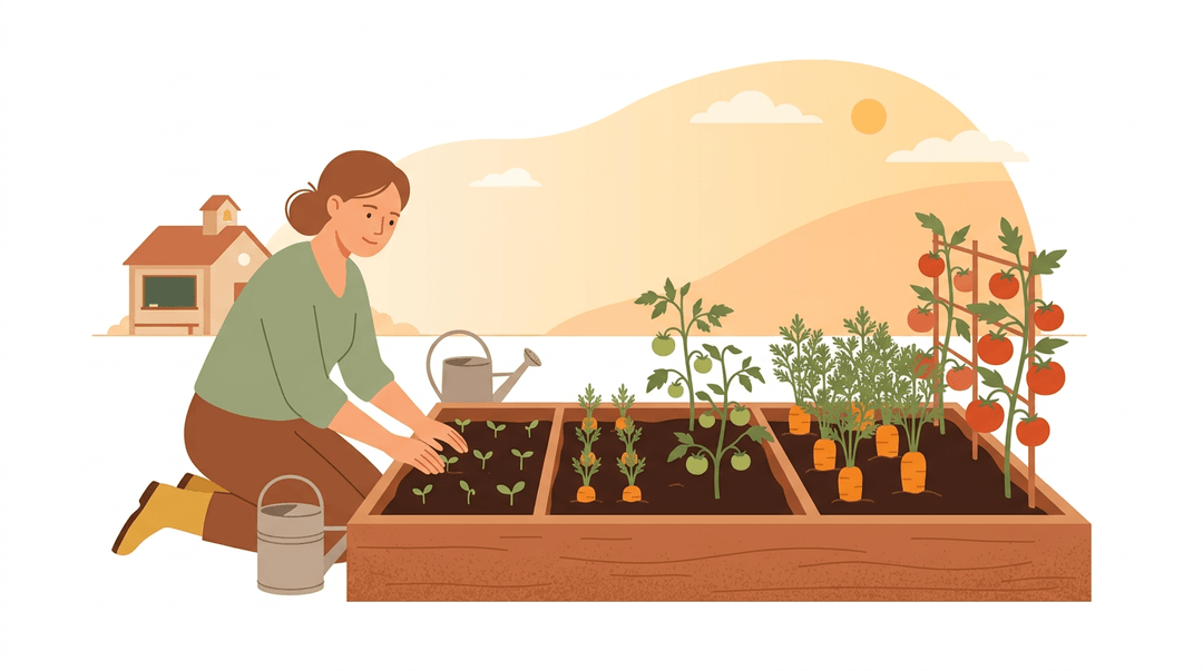 A serene gardener tends to plants in various growth stages, symbolizing patient child development against a warm schoolhouse backdrop.
