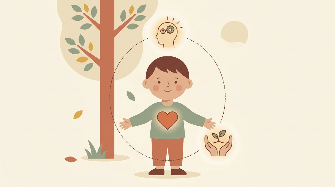 Child surrounded by icons of head, heart, and hands connected in a triangle to represent thinking, feeling, and doing.