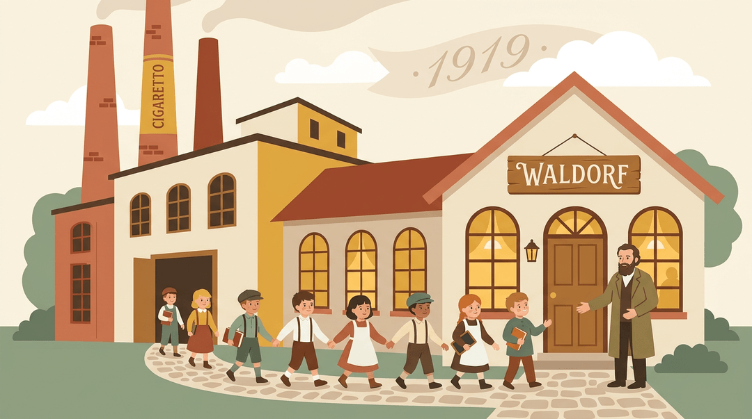1919 Waldorf school founded in a tobacco factory, showing children walking from the industrial building to the new classroom.