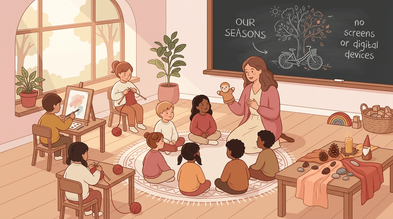A teacher tells a story with a puppet to children in a cozy, natural classroom filled with art and nature materials.