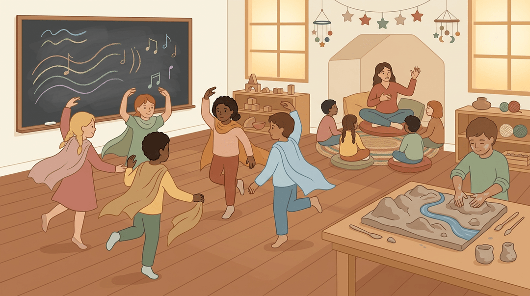 Diverse children practice eurythmy in a warm Waldorf classroom while a teacher tells a story, surrounded by art and movement.